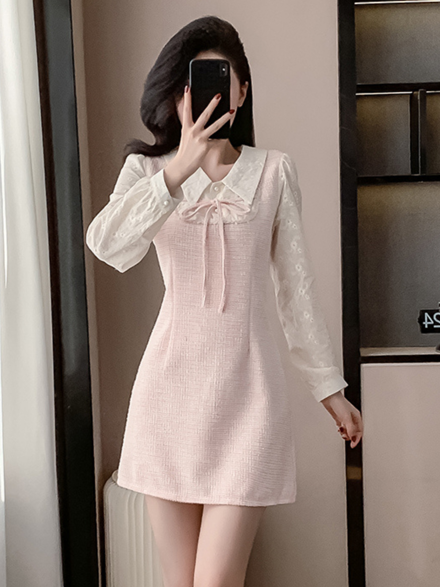 Vestido corto elegante con mangas largas rosa Yeri