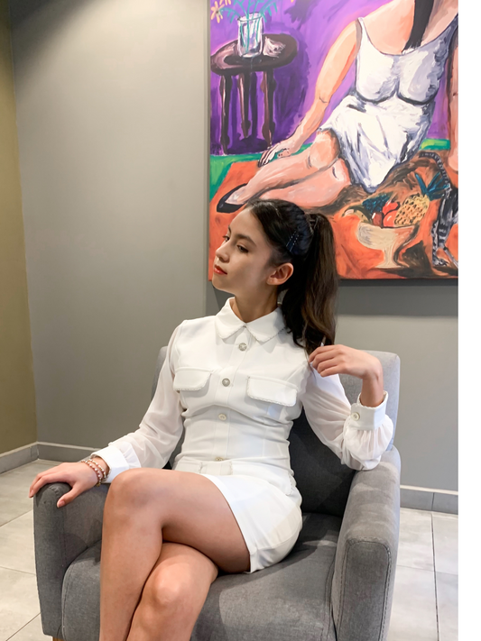 Vestido elegante de oficina blanco manga larga con botones Dana