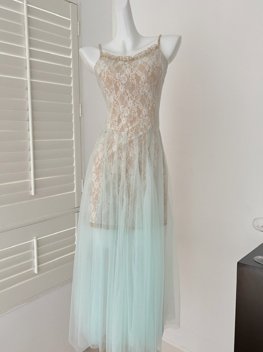 Vestido largo cream y azul Aranza