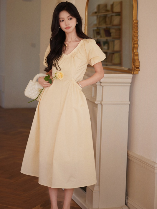 Vestido largo amarillo tierno con bolsillos Montserrat