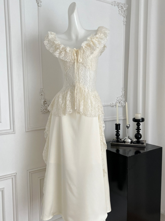 Vestido largo elegante romántico crema Cindy