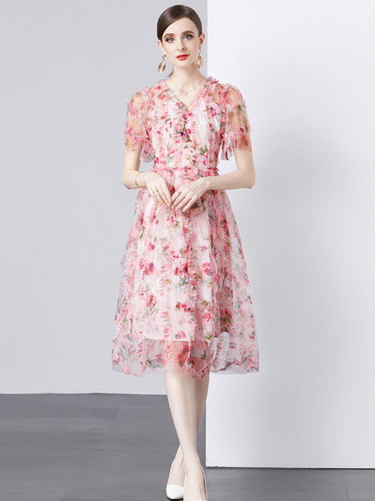 Vestido largo floral romántico rosa Ariadne