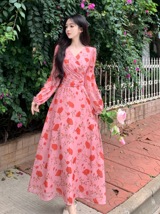 Vestido maxi mangas largas rosa floreado Fracy