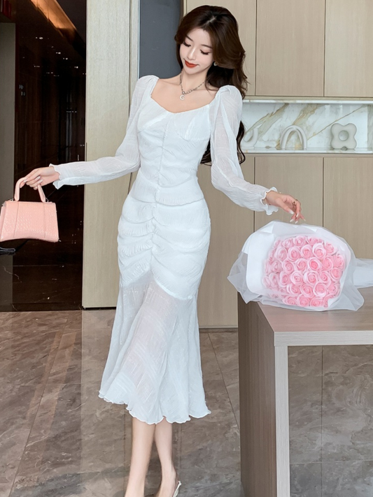 Vestido midi blanco con mangas largas Ursula