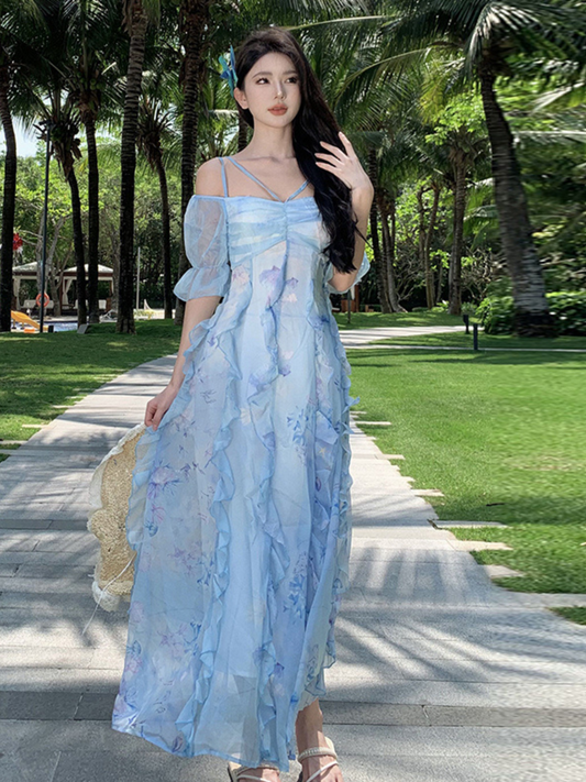 Vestido maxi romántico azul Nabi