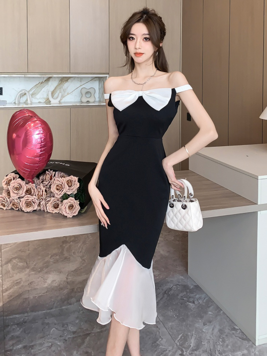 Vestido midi elegante blanco y negro Romi