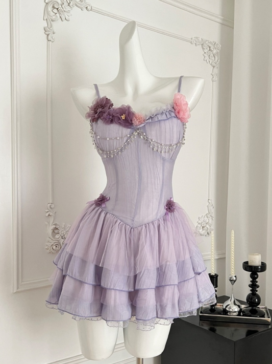Mini vestido romántico con flores Violeta