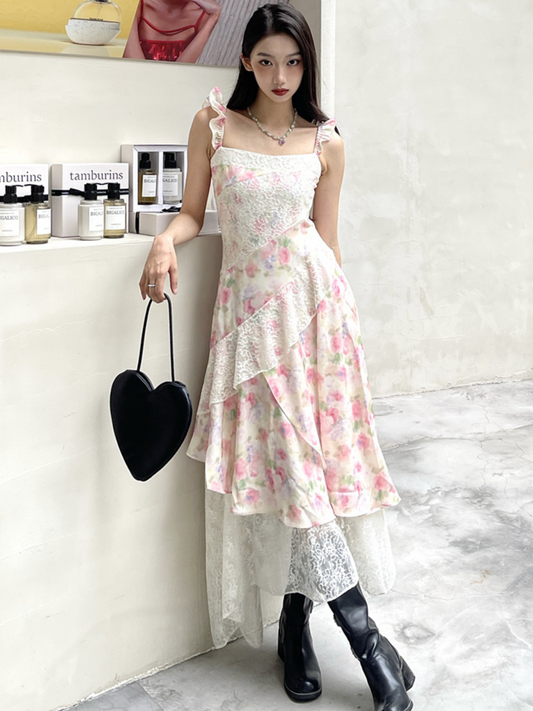 Vestido largo floral con encaje moderno Saki (Mayoreo)