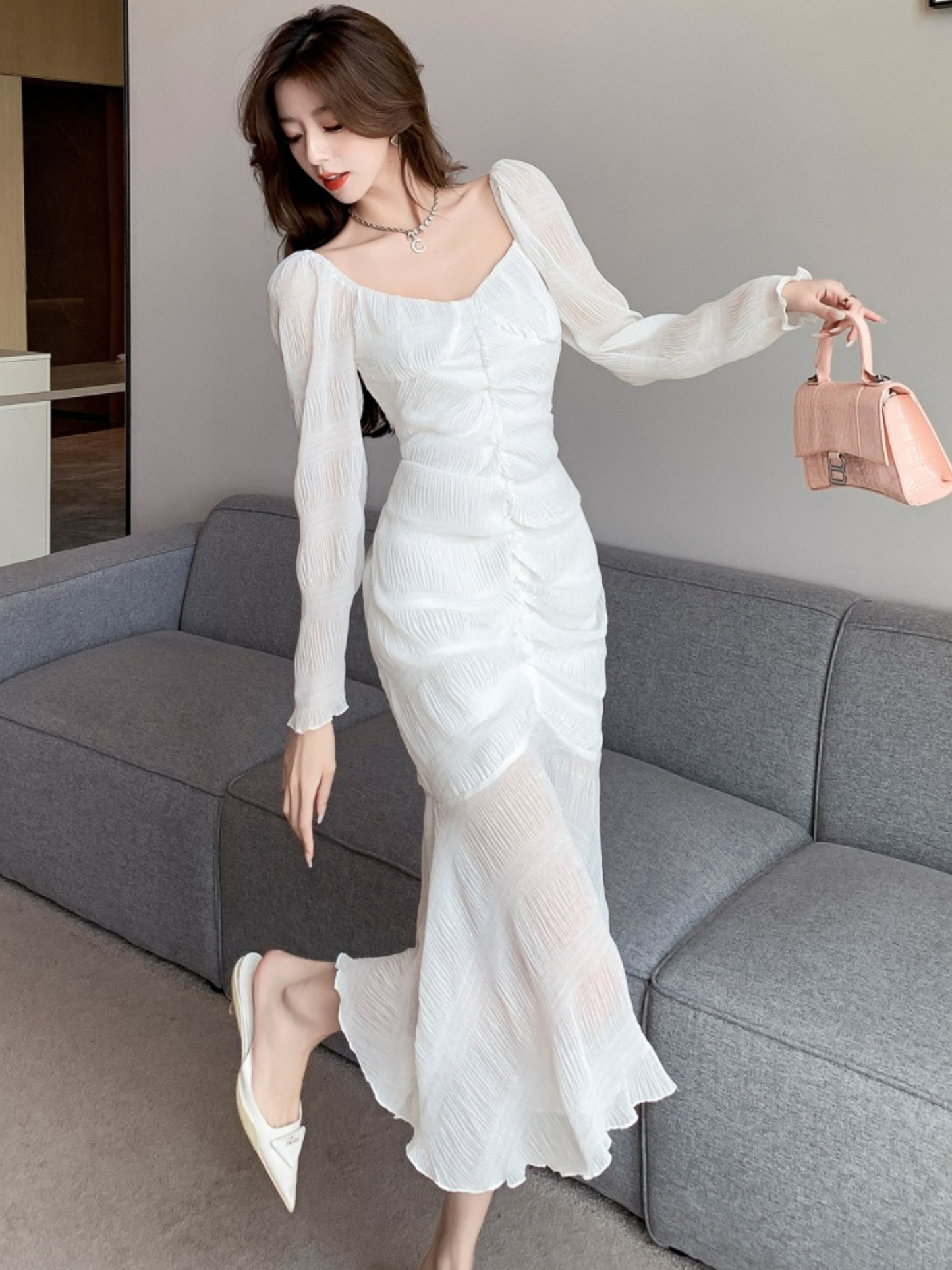 Vestido midi blanco con mangas largas Ursula