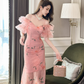 Vestido midi elegante floral rosa Merlina