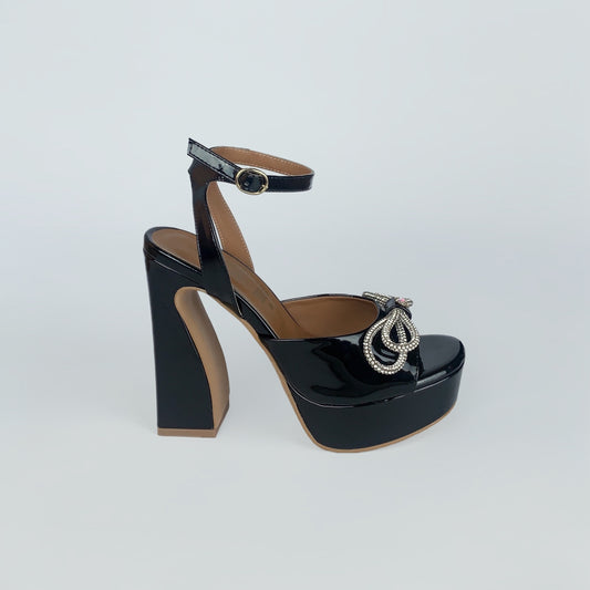 Sandalias negras con tacón y moño de brillos Oslo