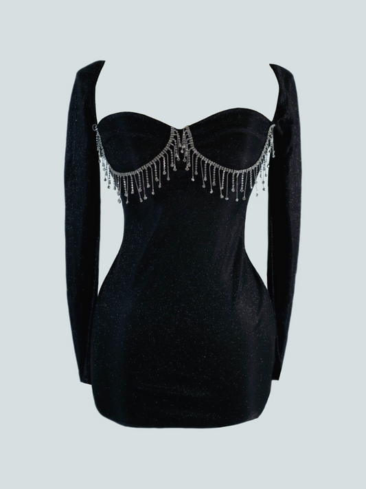 Vestido de fiesta negro con diamantes en escote Becca
